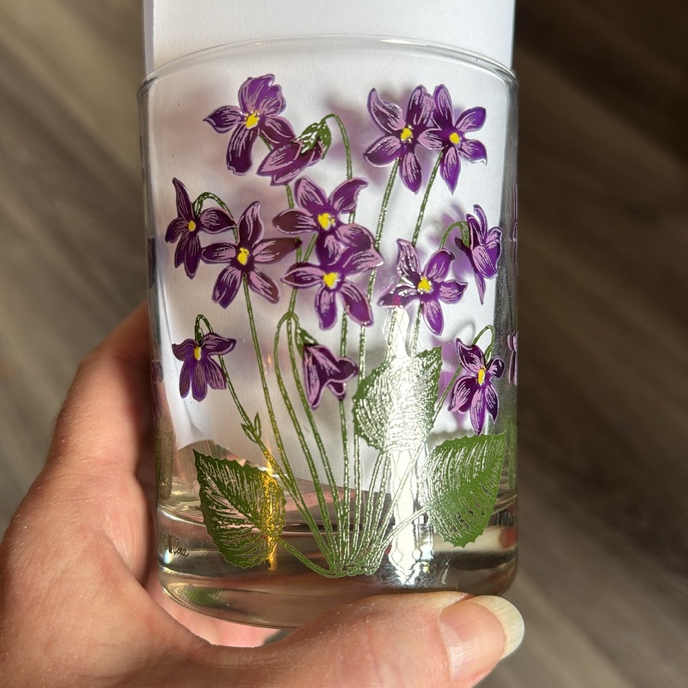 Vintage Cera Violet Old Fashioned Low Ball Rocks Glass Purple Flower Barware MCM - Picture 4 of 5